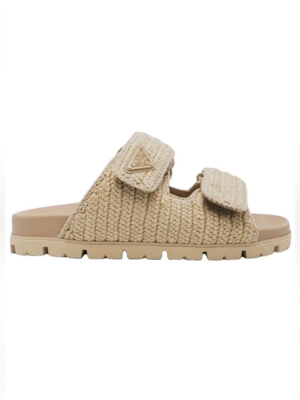 PRADA triangle logo raffia double strap leather slides sandals